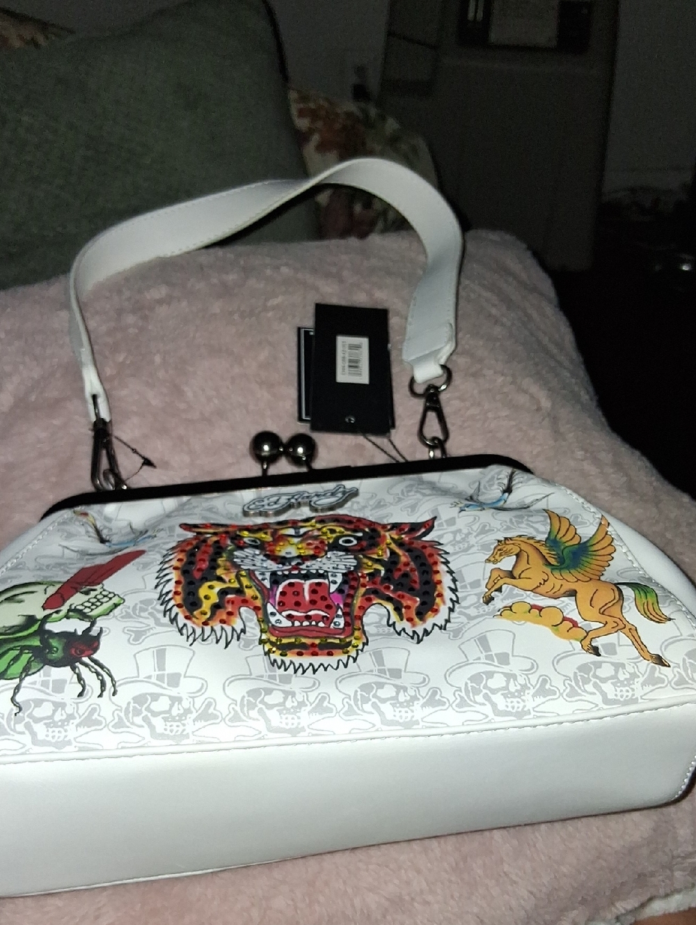 Ed Hardy White Leather Tattoo-Print Shoulder Bag with Multicolor Artwork